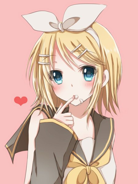 Anime picture 840x1120 with vocaloid kagamine rin hiro (hirohiro31) single tall image looking at viewer blush short hair blue eyes blonde hair finger to mouth girl hair ornament bow hair bow detached sleeves heart hairclip