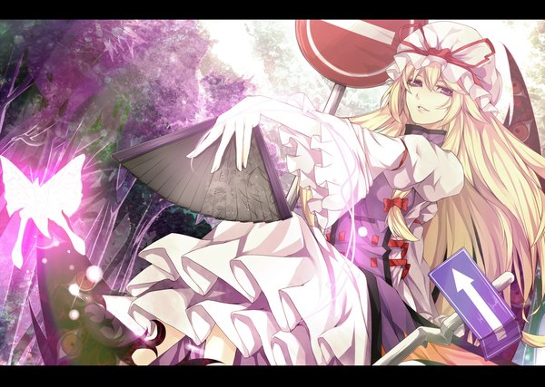 Anime picture 1900x1353 with touhou yakumo yukari nue0192 single long hair looking at viewer highres blonde hair purple eyes teeth fang (fangs) eyes girl dress insect butterfly bonnet traffic sign