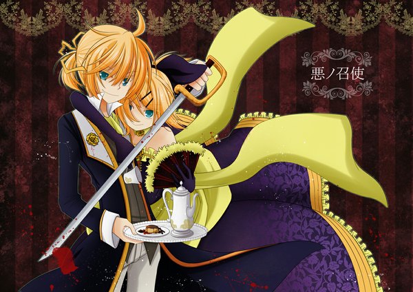 Anime picture 1169x827 with vocaloid kagamine rin kagamine len smile green eyes ahoge orange hair couple girl dress boy gloves sword fan cup teapot