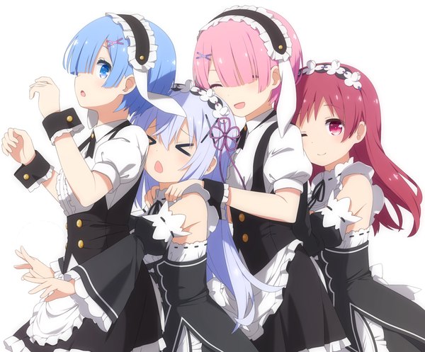 Anime picture 1025x850 with re:zero kara hajimeru isekai seikatsu gochuumon wa usagi desu ka? white fox rem (re:zero) ram (re:zero) kafuu chino natsu megumi haribote (tarao) long hair looking at viewer fringe short hair blue eyes simple background red eyes white background multiple girls blue hair pink hair eyes closed