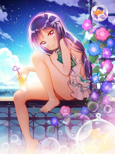 Anime picture 1200x1600 with original ondo (shinm02) single long hair tall image blush fringe light erotic smile red eyes sitting bare shoulders holding sky purple hair cloud (clouds) bent knee (knees) head tilt barefoot sunlight