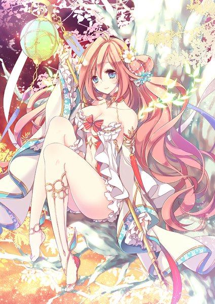 Anime picture 600x849 with original jonejung single long hair tall image looking at viewer blush breasts blue eyes light erotic smile brown hair sitting bare shoulders holding bent knee (knees) long sleeves hair flower sunlight wide sleeves