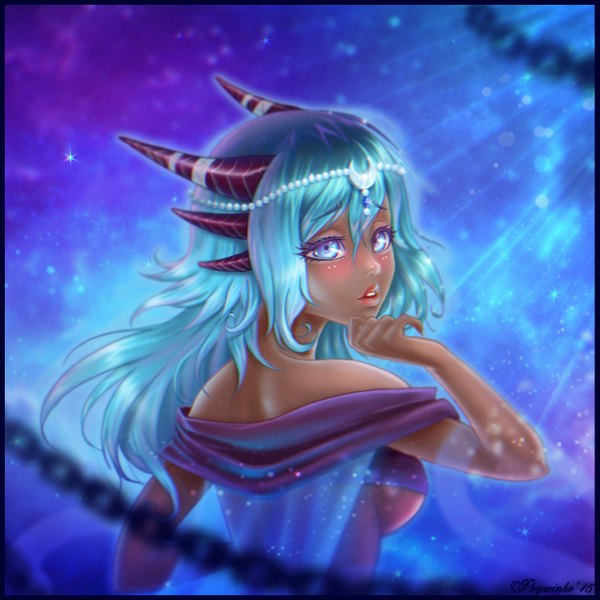 Anime picture 1251x1252 with original cerion olga narhova single long hair tall image blush highres breasts light erotic purple eyes blue hair horn (horns) lips realistic dark skin borrowed character girl