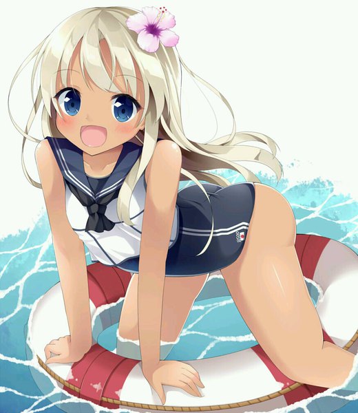 Anime picture 874x1007 with kantai collection ro-500 submarine maccha single long hair tall image looking at viewer blush open mouth blue eyes light erotic blonde hair bare shoulders ass hair flower arm support leaning leaning forward partially submerged dark skin