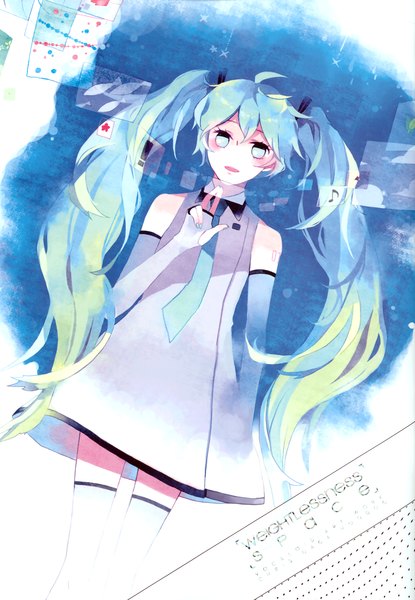 Anime picture 2421x3502 with vocaloid hatsune miku single long hair tall image highres twintails green eyes aqua eyes light smile scan aqua hair blue background girl dress necktie sundress