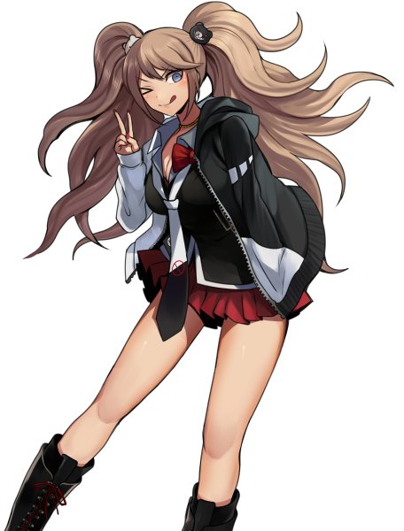 Anime picture 912x1200 with dangan ronpa enoshima junko harano single long hair tall image looking at viewer blue eyes simple background brown hair white background twintails one eye closed wink victory girl skirt hair ornament necktie jacket