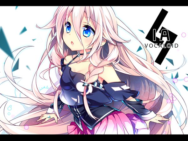 Anime picture 900x675 with vocaloid ia (vocaloid) kurisu sai single blush blue eyes bare shoulders looking away pink hair braid (braids) very long hair copyright name character names girl choker ring