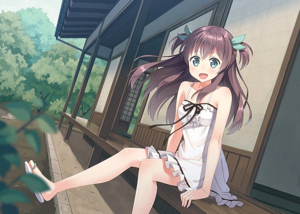 Anime picture 1119x800 with original hyuuga azuri single long hair looking at viewer blush fringe open mouth blue eyes brown hair sitting twintails bare shoulders legs short twintails girl dress plant (plants) tree (trees) sundress