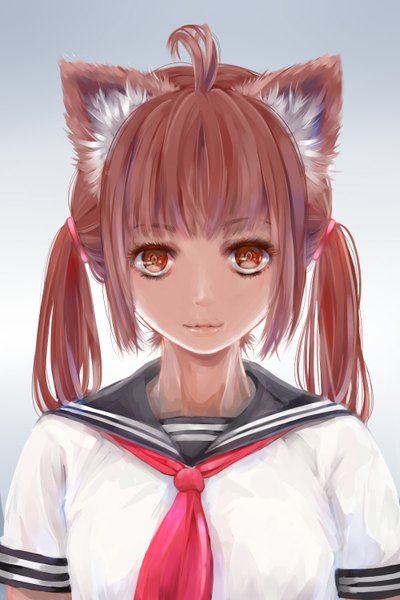 Anime picture 1000x1500 with original kntrs (knyrs) single long hair tall image fringe simple background brown hair twintails brown eyes animal ears cat ears girl uniform serafuku scrunchie hair tie