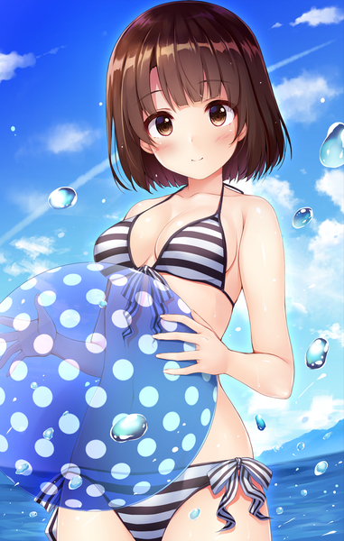 Anime picture 1332x2094 with saenai heroine no sodatekata a-1 pictures katou megumi pasdar single tall image looking at viewer blush fringe short hair breasts light erotic brown hair holding brown eyes sky cloud (clouds) blunt bangs light smile polka dot