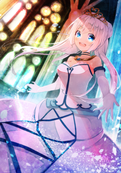 Anime picture 1171x1666 with original dennryuurai single long hair tall image looking at viewer blush open mouth blue eyes silver hair outstretched arm magic girl dress gloves hair ornament choker white gloves white dress pendant