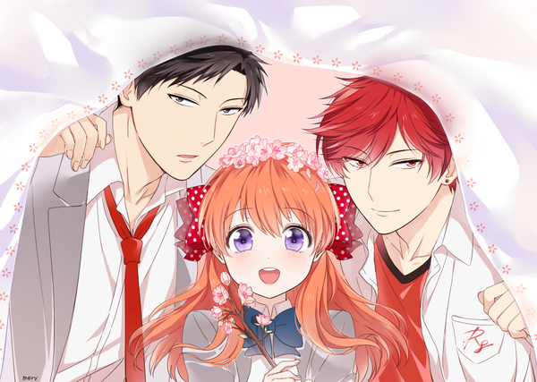 Anime picture 1771x1263 with gekkan shoujo nozaki-kun doga kobo sakura chiyo nozaki umetarou mikoshiba mikoto mery (yangmalgage) long hair looking at viewer blush fringe highres short hair open mouth black hair hair between eyes red eyes purple eyes signed red hair orange hair