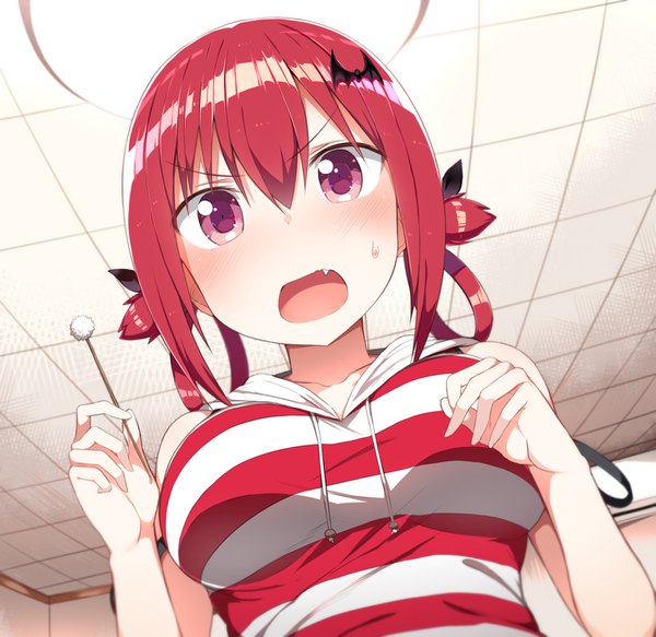 Anime picture 1455x1416 with gabriel dropout doga kobo satanichia kurumizawa mcdowell greatmosu single short hair breasts open mouth red eyes purple eyes twintails bare shoulders looking away upper body indoors :o from below sweat short twintails sweatdrop
