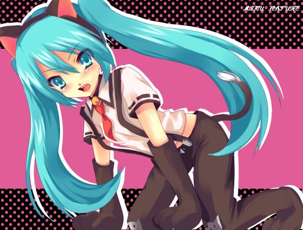 Anime picture 1200x912 with project diva vocaloid hatsune miku simple background twintails animal ears cat girl pink background jpeg artifacts girl necktie bell