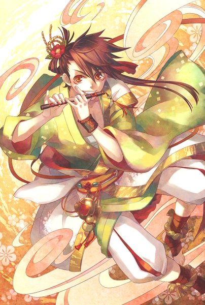 Anime picture 1000x1482 with minami seira single long hair tall image smile brown hair yellow eyes traditional clothes japanese clothes hair flower wind orange eyes smoke yellow background orange background music boy hair ornament flower (flowers) ribbon (ribbons)