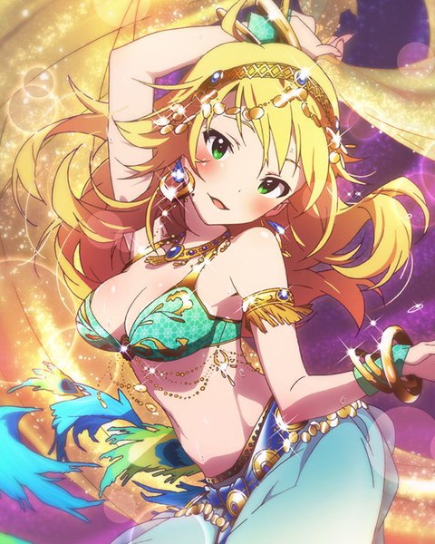 Anime picture 640x800 with idolmaster hoshii miki single long hair tall image looking at viewer blush breasts open mouth light erotic blonde hair large breasts green eyes traditional clothes official art bare belly sparkle dancing girl bracelet