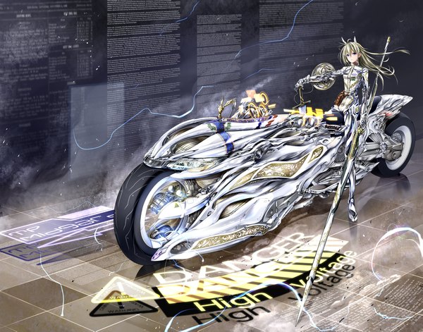 Anime picture 1901x1493 with original giba (out-low) single long hair looking at viewer fringe highres blonde hair purple eyes holding ahoge wind inscription text glowing reflection head wings mechanical parts girl gloves