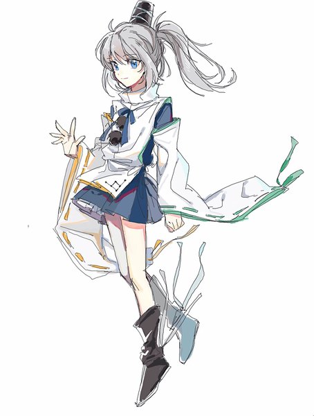 Anime picture 1318x1740 with touhou mononobe no futo aibivy single long hair tall image blue eyes simple background white background looking away full body ahoge ponytail traditional clothes japanese clothes light smile grey hair wide sleeves sketch girl