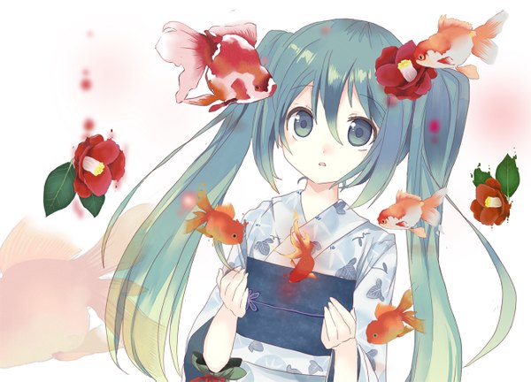 Anime picture 1350x973 with vocaloid hatsune miku wap single looking at viewer open mouth twintails very long hair traditional clothes japanese clothes hair flower aqua eyes aqua hair girl hair ornament flower (flowers) kimono obi fish (fishes) camellia (flower)