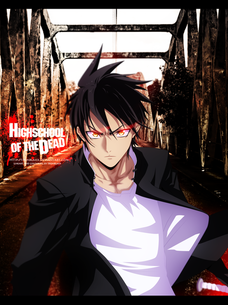 Anime picture 1000x1336 with highschool of the dead madhouse komuro takashi tremblax single tall image short hair black hair yellow eyes inscription coloring glowing glowing eye (eyes) angry boy uniform school uniform suit gakuran