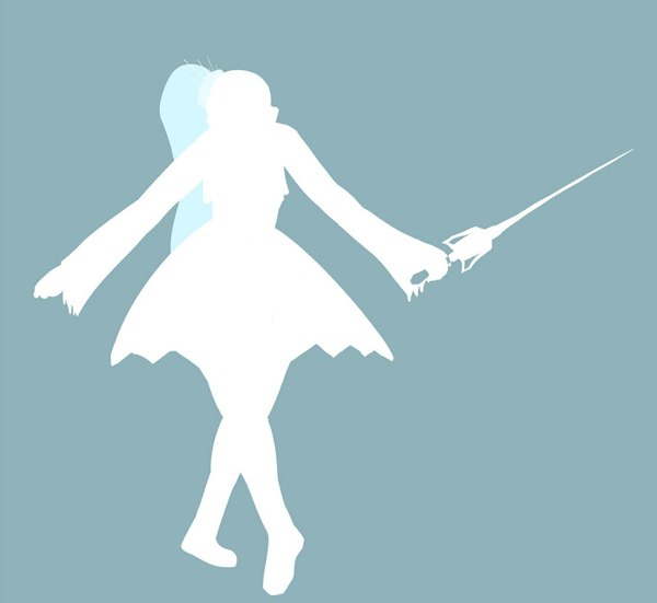 Anime picture 1114x1024 with rwby rooster teeth weiss schnee single ponytail side ponytail blue background silhouette dress weapon sword white dress