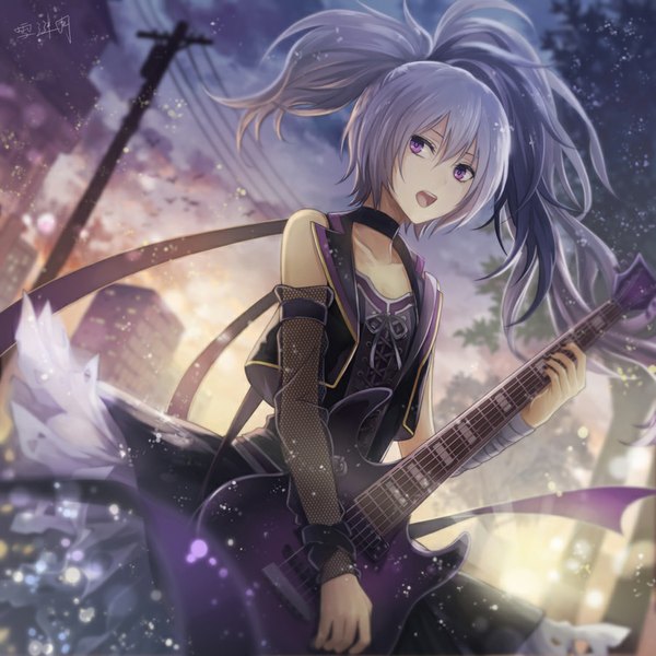 Anime picture 900x900 with vocaloid flower (vocaloid) angel31424 single long hair looking at viewer open mouth purple eyes grey hair girl dress guitar electric guitar