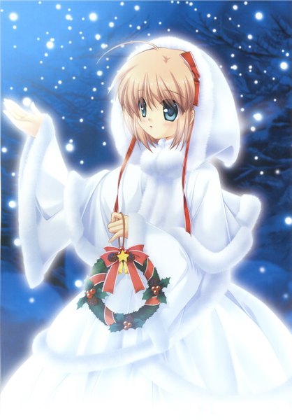 Anime picture 1993x2861 with tagme (artist) single tall image highres blue eyes blonde hair ahoge night snowing christmas winter snow girl ribbon (ribbons) plant (plants) tree (trees) winter clothes