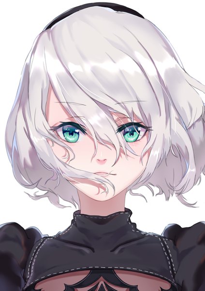 Anime picture 2480x3508 with nier nier:automata yorha no. 2 type b mz7 single tall image looking at viewer fringe highres short hair simple background hair between eyes white background green eyes silver hair wind portrait girl headband