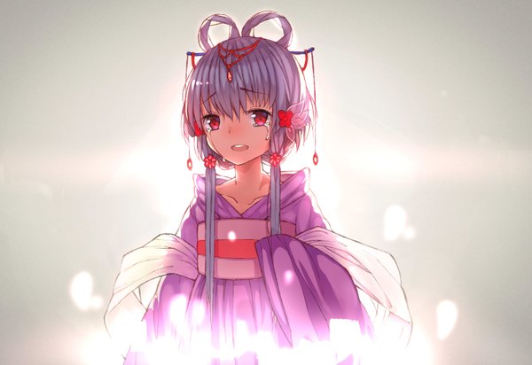 Anime picture 2952x2031 with vocaloid vocaloid china luo tianyi hei yan-m82a1 single long hair highres open mouth simple background red eyes twintails purple hair hair flower tears chinese clothes crying girl hair ornament