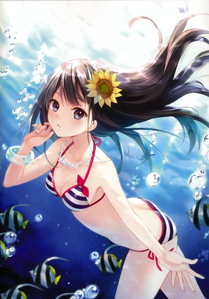 Anime picture 2117x3021 with original fukahire (ruinon) single long hair tall image looking at viewer highres breasts blue eyes light erotic black hair hair flower scan underwater girl hair ornament flower (flowers) swimsuit animal bikini