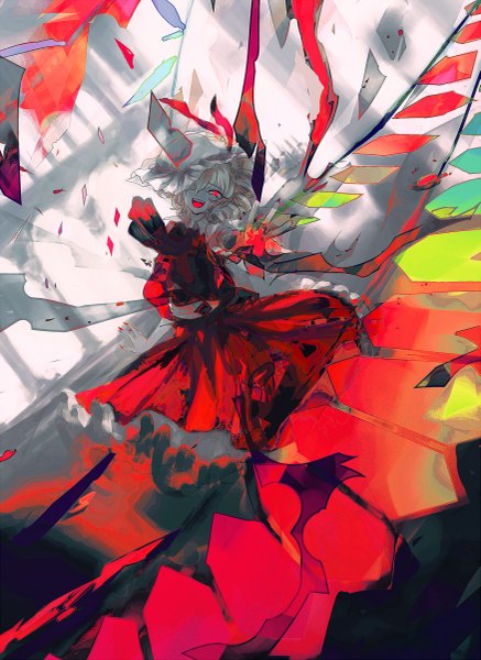Anime picture 875x1200 with touhou flandre scarlet minase (mmakina) single tall image looking at viewer short hair open mouth blonde hair red eyes ponytail nail polish side ponytail drill hair spread arms girl dress wings bonnet claws