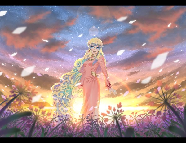 Anime picture 1400x1080 with tengen toppa gurren lagann gainax nia teppelin clarityblue single open mouth blue eyes blonde hair sky cloud (clouds) very long hair evening sunset scenic girl flower (flowers) earrings petals star (stars)