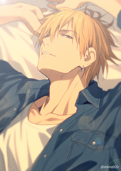 Anime picture 600x847 with kuroko no basket production i.g kise ryouta mashima shima single tall image fringe short hair blonde hair smile lying parted lips open shirt piercing ear piercing eyebrows boy earrings shirt