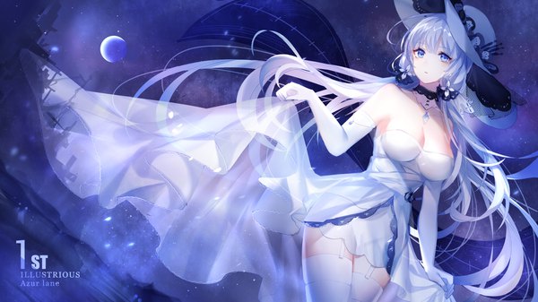 Anime picture 1920x1080 with azur lane illustrious (azur lane) yu jiu single long hair blush fringe highres breasts blue eyes hair between eyes wide image large breasts twintails bare shoulders looking away cleavage silver hair night mole