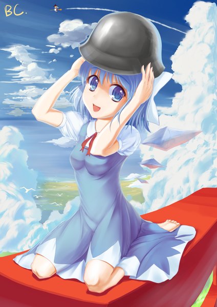 Anime picture 2893x4092 with touhou kirisame marisa cirno hei mao de zu ji single tall image highres short hair open mouth blue eyes blue hair cloud (clouds) girl wings sundress helmet