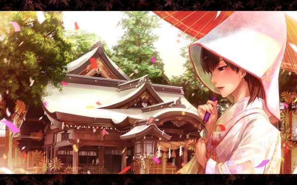 Anime picture 1300x812 with kantai collection kaga aircraft carrier lif (lif-ppp) single blush short hair brown hair wide image brown eyes looking away ponytail traditional clothes japanese clothes side ponytail letterboxed scenic girl flower (flowers) plant (plants) petals