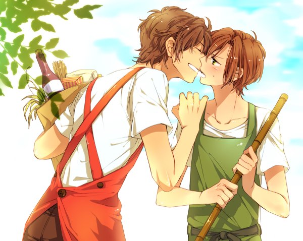 Anime picture 1200x957 with axis powers hetalia studio deen spain (hetalia) south italy (hetalia) riku?! blush short hair open mouth simple background brown hair green eyes eyes closed multiple boys shounen ai hand on another's shoulder almost kiss boy leaf (leaves) 2 boys apron