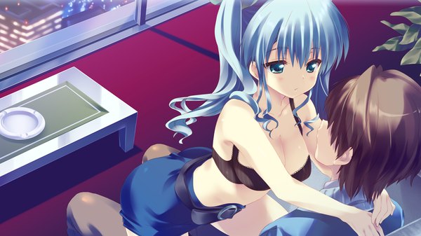 Anime picture 1280x720 with hoshi no ouji-kun ringo aoi qp:flapper long hair short hair light erotic brown hair wide image twintails green eyes blue hair game cg couple girl boy