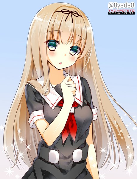 Anime picture 700x913 with kantai collection yuudachi destroyer yadapot single long hair tall image looking at viewer blush fringe blue eyes simple background blonde hair :o character names dated blue background girl