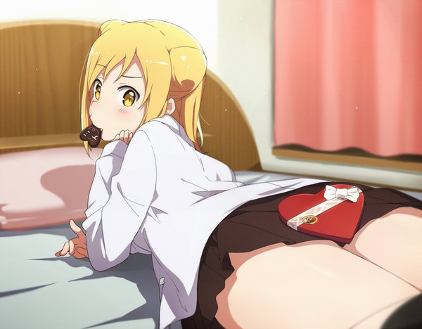 Anime picture 1128x880 with demi-chan wa kataritai a-1 pictures takanashi hikari ogipote single looking at viewer fringe short hair light erotic blonde hair yellow eyes lying looking back from above arm support hair bun (hair buns) on stomach valentine girl food