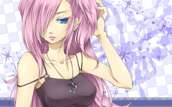 Anime picture 1440x900 with vocaloid megurine luka ueno tsuki single long hair fringe blue eyes wide image bare shoulders pink hair hair over one eye girl pendant