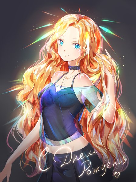 Anime picture 1494x2000 with original kaminary single long hair tall image looking at viewer blue eyes simple background bare shoulders orange hair midriff groin adjusting hair black background happy birthday shiny russian girl skirt choker