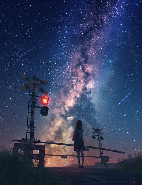 Anime picture 922x1200 with original tamaki (tamaki illust) single tall image short hair black hair standing signed pleated skirt from behind night from below night sky looking up scenic revision shooting star milky way railroad crossing girl
