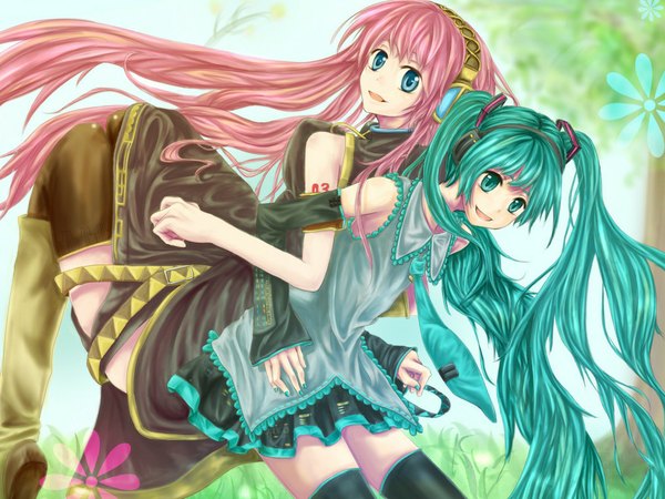 Anime picture 1024x768 with vocaloid hatsune miku megurine luka blue eyes smile twintails bare shoulders multiple girls pink hair very long hair nail polish aqua eyes aqua hair girl skirt 2 girls detached sleeves necktie