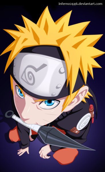 Anime picture 626x1025 with naruto studio pierrot naruto (series) uzumaki naruto inferno2446 single tall image short hair blue eyes simple background blonde hair holding from above coloring mouth hold facial mark whisker markings jinchuriki boy weapon