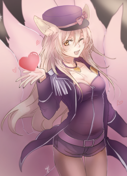 Anime picture 608x842 with league of legends ahri (league of legends) popstar ahri (league of legends) riffey single long hair tall image looking at viewer fringe breasts simple background standing animal ears yellow eyes pink hair cleavage tail animal tail one eye closed fingernails