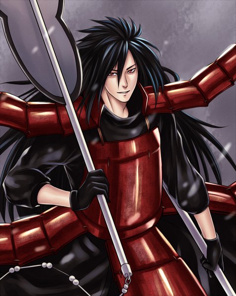 Anime picture 717x900 with naruto studio pierrot naruto (series) uchiha madara eagiel single long hair tall image looking at viewer smile red eyes holding parted lips sharingan boy gloves weapon black gloves armor