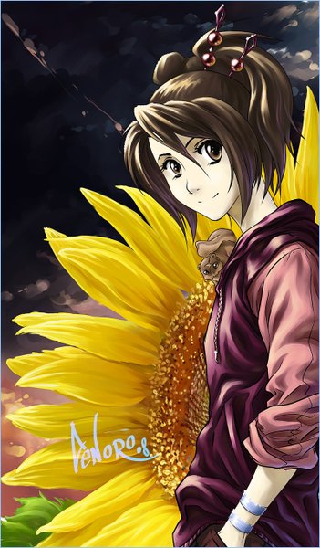 Anime picture 800x1364 with samurai champloo fuu (samurai champloo) denoro single tall image looking at viewer smile brown hair brown eyes alternate costume hand in pocket girl flower (flowers) animal sunflower