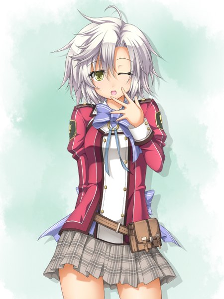Anime picture 960x1280 with eiyuu densetsu fie claussell roura single tall image looking at viewer short hair open mouth simple background yellow eyes ahoge white hair one eye closed wink yawn girl skirt uniform school uniform bowtie