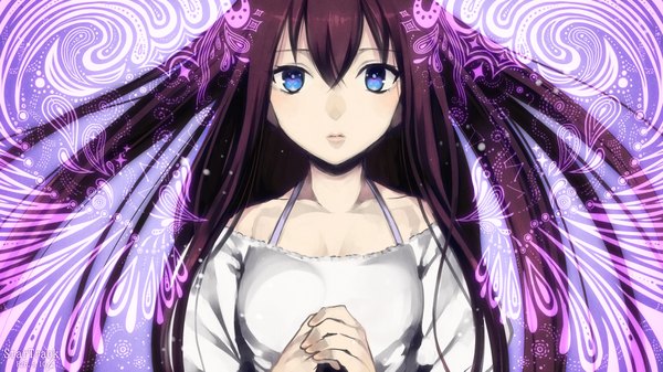 Anime picture 2000x1125 with vocaloid ot-nm single long hair looking at viewer fringe highres blue eyes brown hair wide image bare shoulders wind floral print close-up crossed arms girl